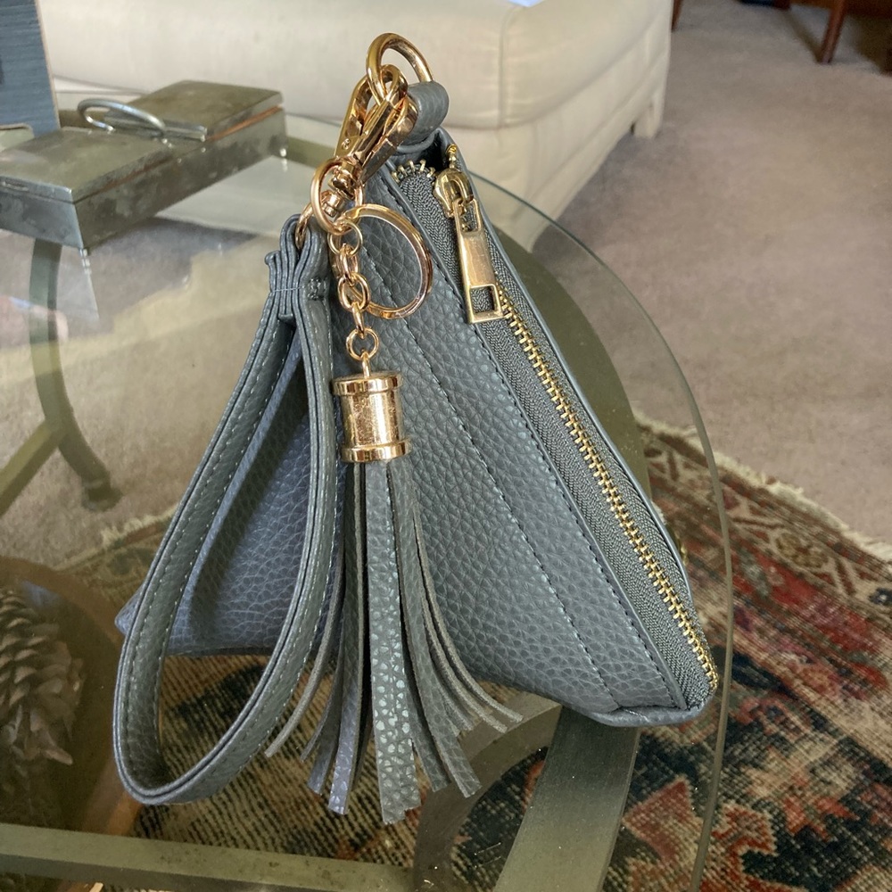 Unique Triangle Leather Wristlet Clutch Purse Detachable Strap & Tassel Charm